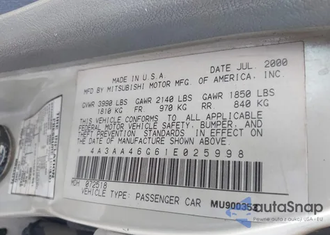 2001 Mitsubishi Galant Es from USA, damaged, VIN 4A3AA46G61E025998